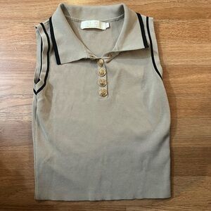 Sleeveless Polo Tank Top with Gold Buttons - Beige